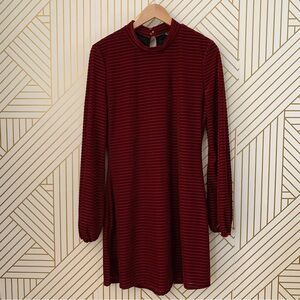 Lulu's Velvet Striped Balloon Sleeve Stripe long sleeve Dress Burgundy maroon M